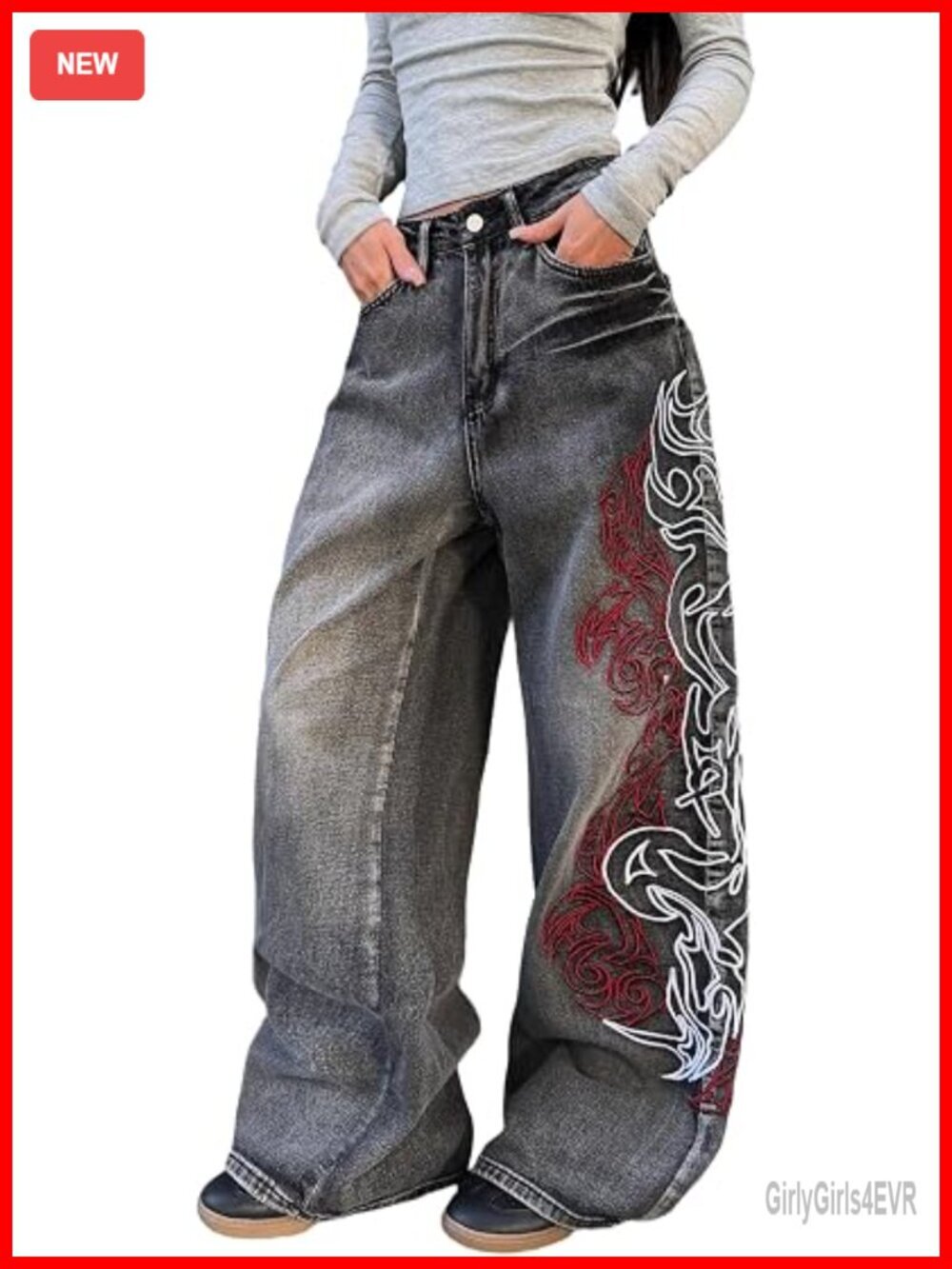Embroidered Baggy Jeans Y2K Wide Leg Denim Pants Streetwear